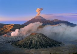 Внутри десятикилометрового разрушенного древнего кратера Танггер (Tengger), взорвавшегося еще несколько миллионов лет тому
              назад, портят атмосферу несколько активных вулканов: Бромо (Bromo), Баток (Batok) и Курси (Kursi), с возвышающимся позади всего этого
              безобразия вулканом Семеру (Semeru). Эти тектонические прыщи полагается наблюдать с вершины горы Пенаджакан (Penajakan), восхищаясь
              вздымающимися в синее небо смрадными клубами вулканических газов. Толпы страждущих дыма и зрелищ зевак январскими воробьями жмутся на
              холодном ветру, встречая лениво встающее над каменными морщинами кровавое солнце.
            