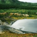 А это Кипящее озеро кислоты в кальдере вулкана Головнина. Кальдера это такая офигенная впадина, получающаяся после того, как вулкан совсем нафиг провалился.
            